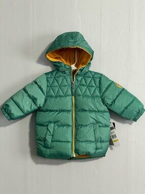 Kids Hooded Green Puffer Jacket with Yellow Lining